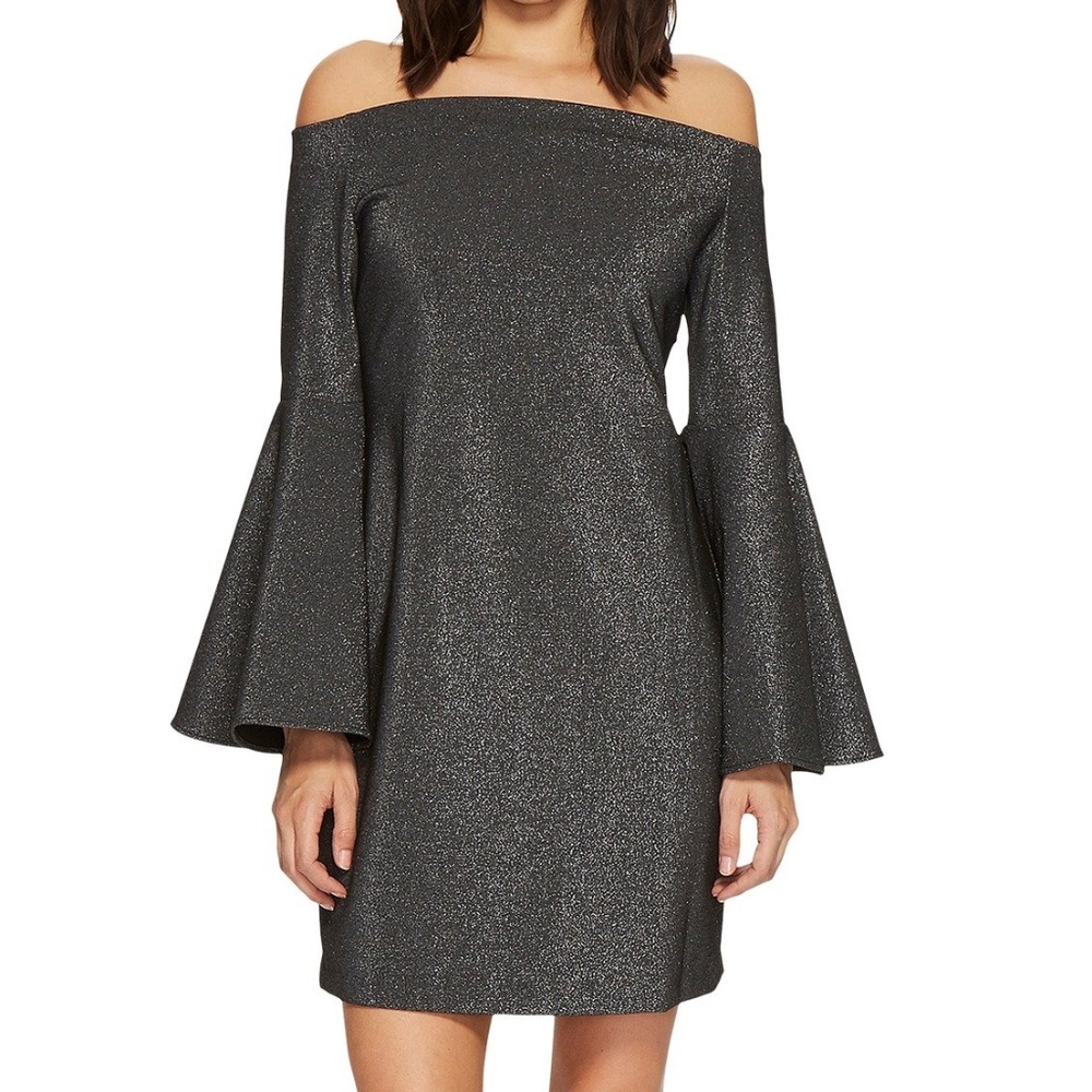 NWT Metallic Silver Off Shoulder Bell Sleeve Dress - Picture 3 of 8